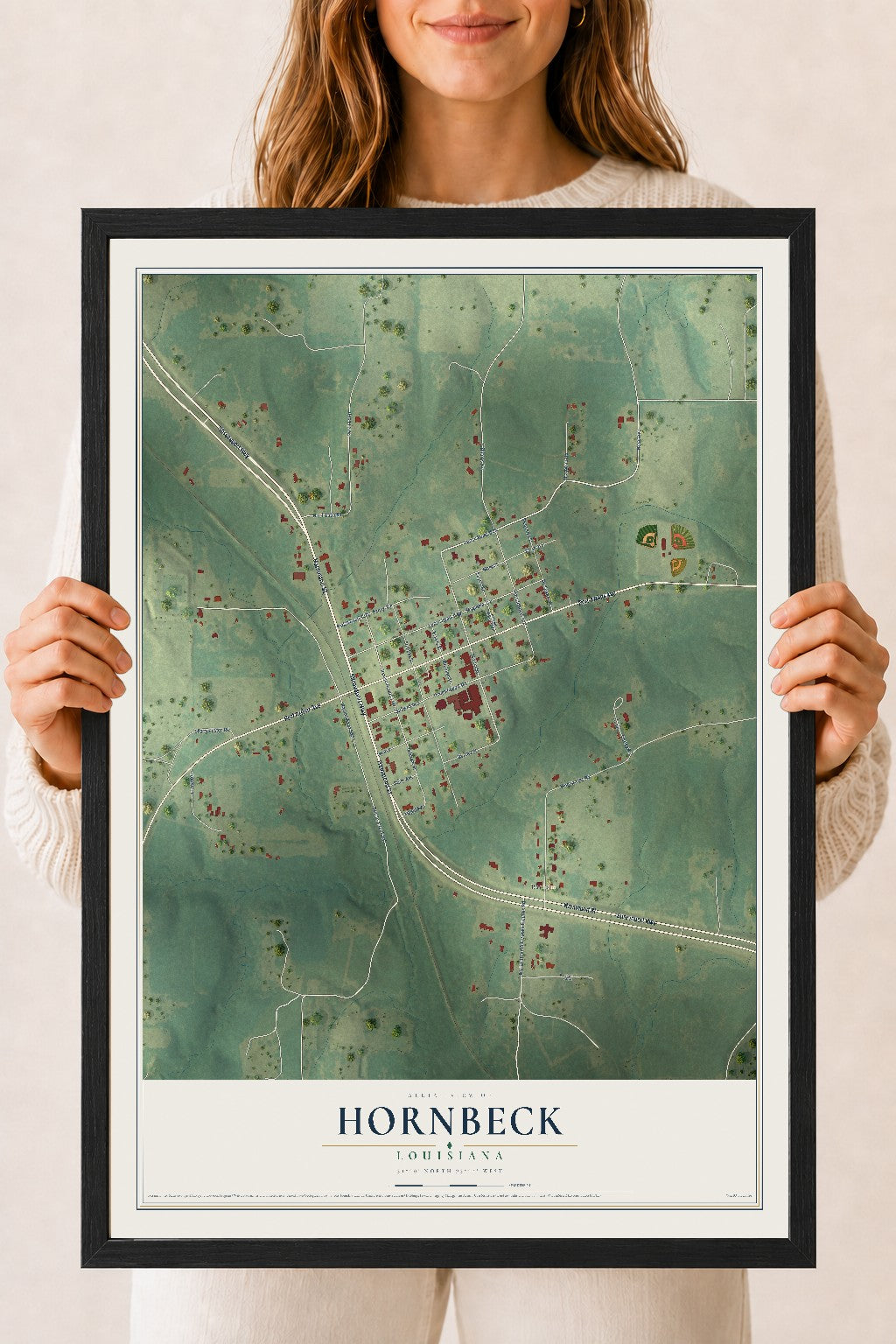 Map of Hornbeck, Louisiana, 18 x 24 inch print in a black wood frame