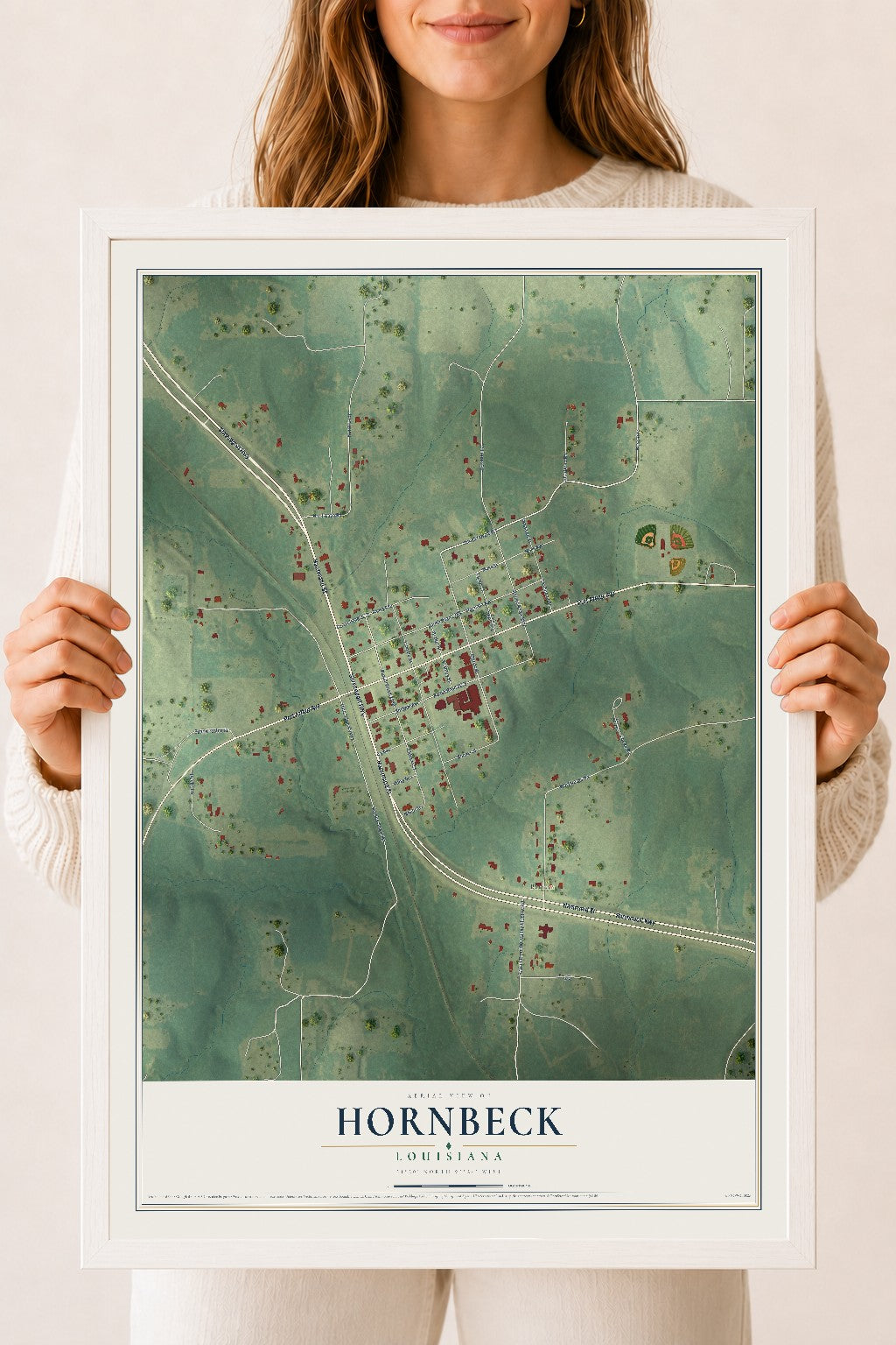 Map of Hornbeck, Louisiana, 18 x 24 inch print in a white wood frame