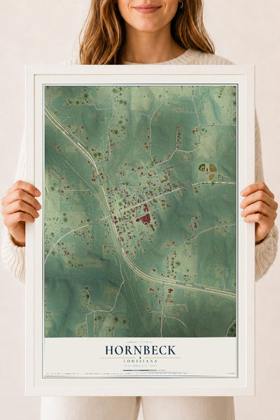 Map of Hornbeck, Louisiana, 18 x 24 inch print in a white wood frame