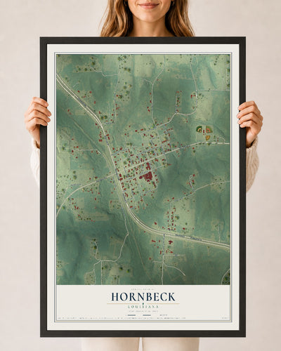 Map of Hornbeck, Louisiana, 24 x 36 inch print in a black wood frame