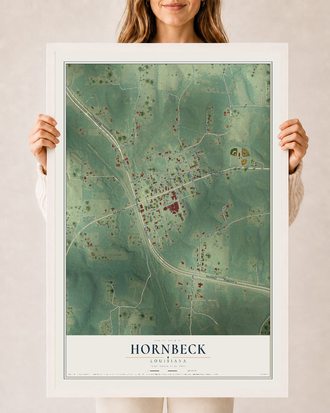 Map of Hornbeck, Louisiana, 24 x 36 inch print in a white wood frame