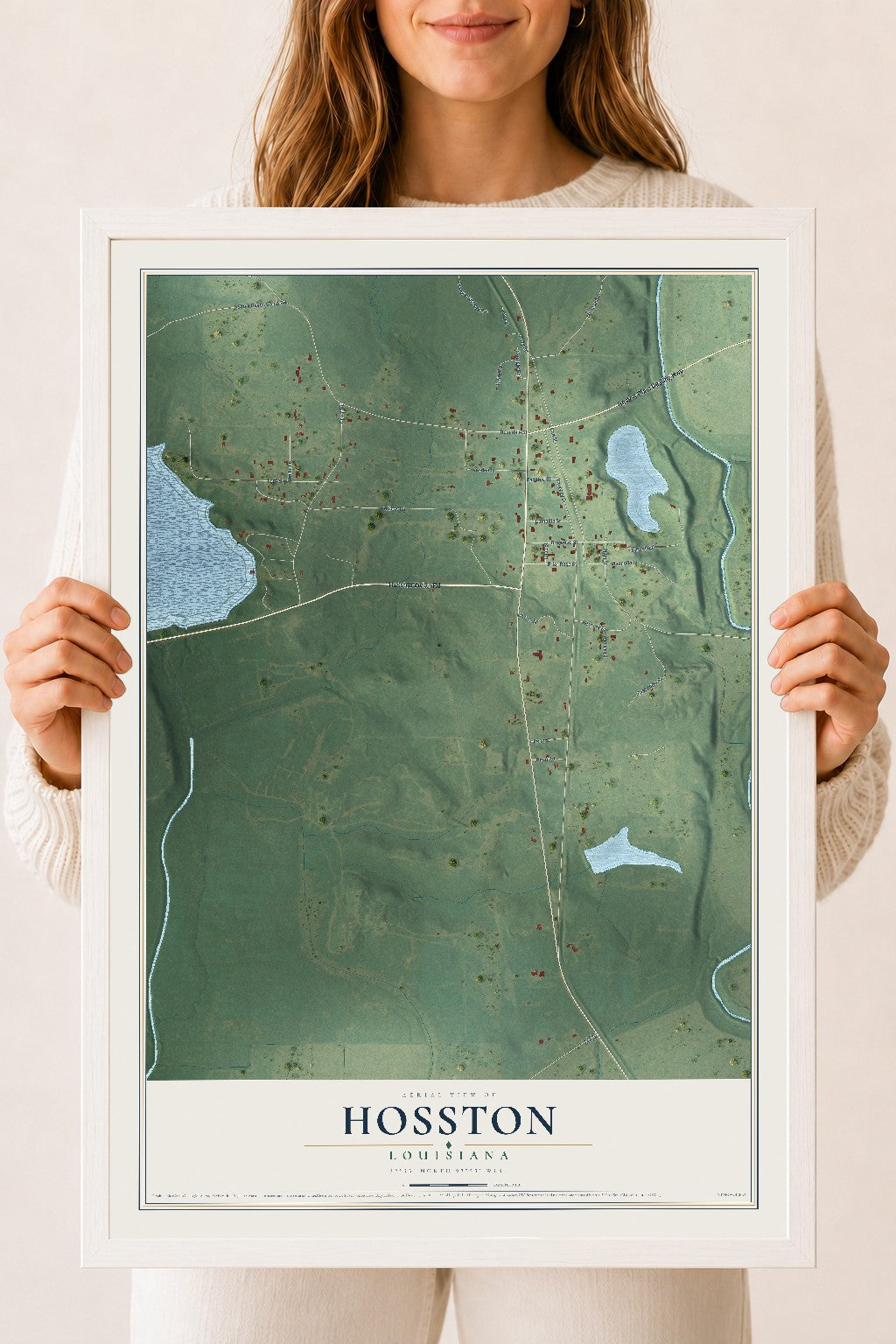 Map of Hosston, Louisiana, 18 x 24 inch print in a white wood frame