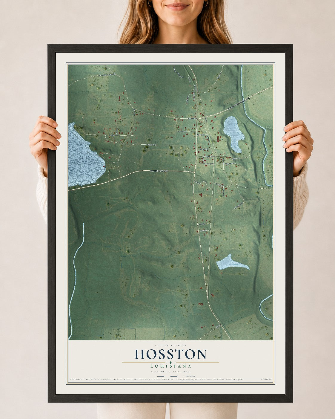 Map of Hosston, Louisiana, 24 x 36 inch print in a black wood frame
