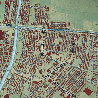 Close-up of the map of Houma, Louisiana print showing street and building detail