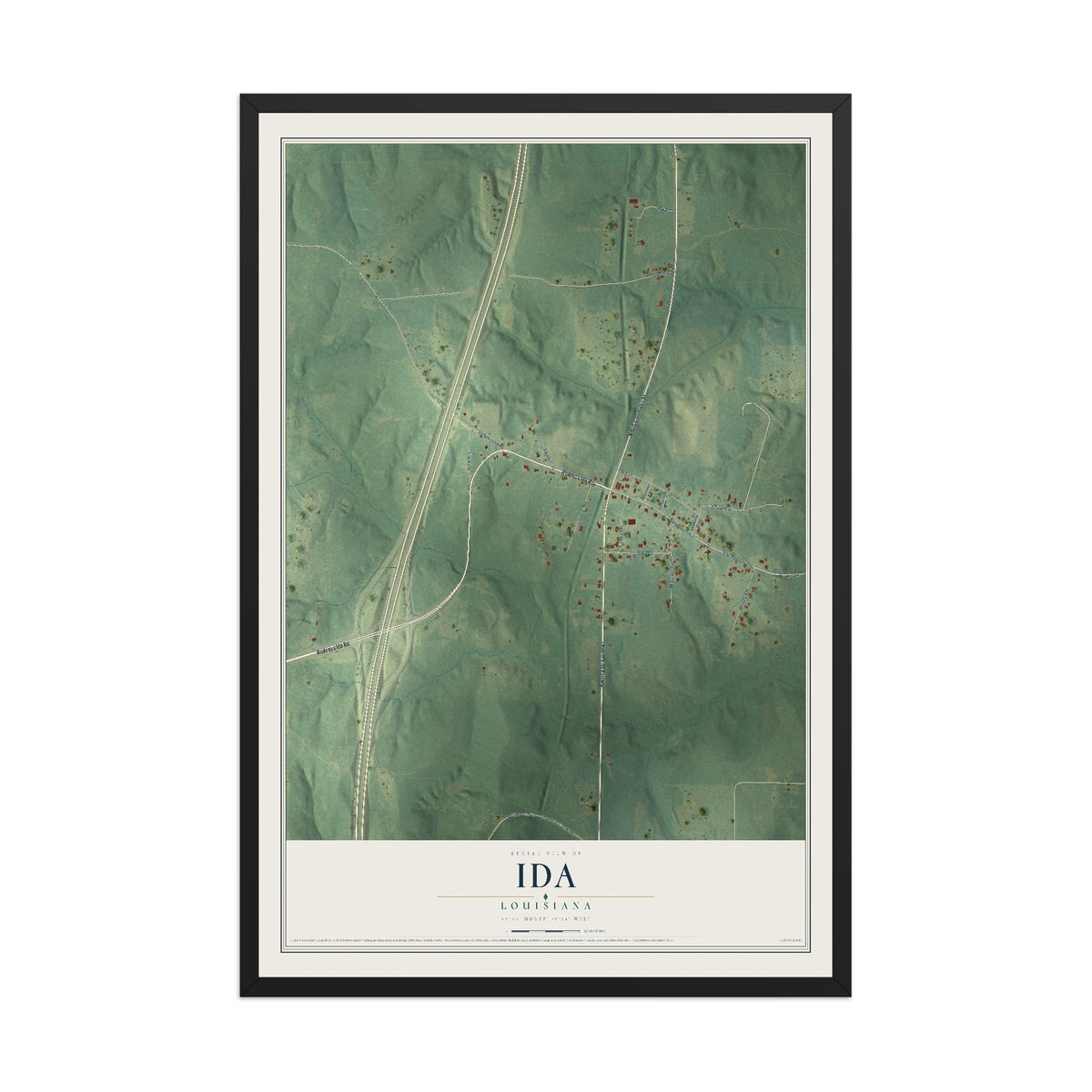 Map of Ida, Louisiana, 12 x 18 inch print in a black wood frame