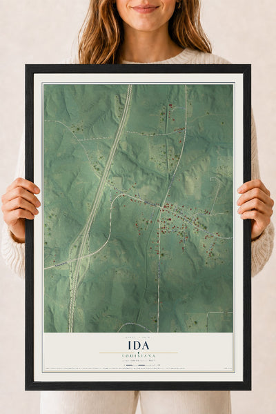 Map of Ida, Louisiana, 18 x 24 inch print in a black wood frame