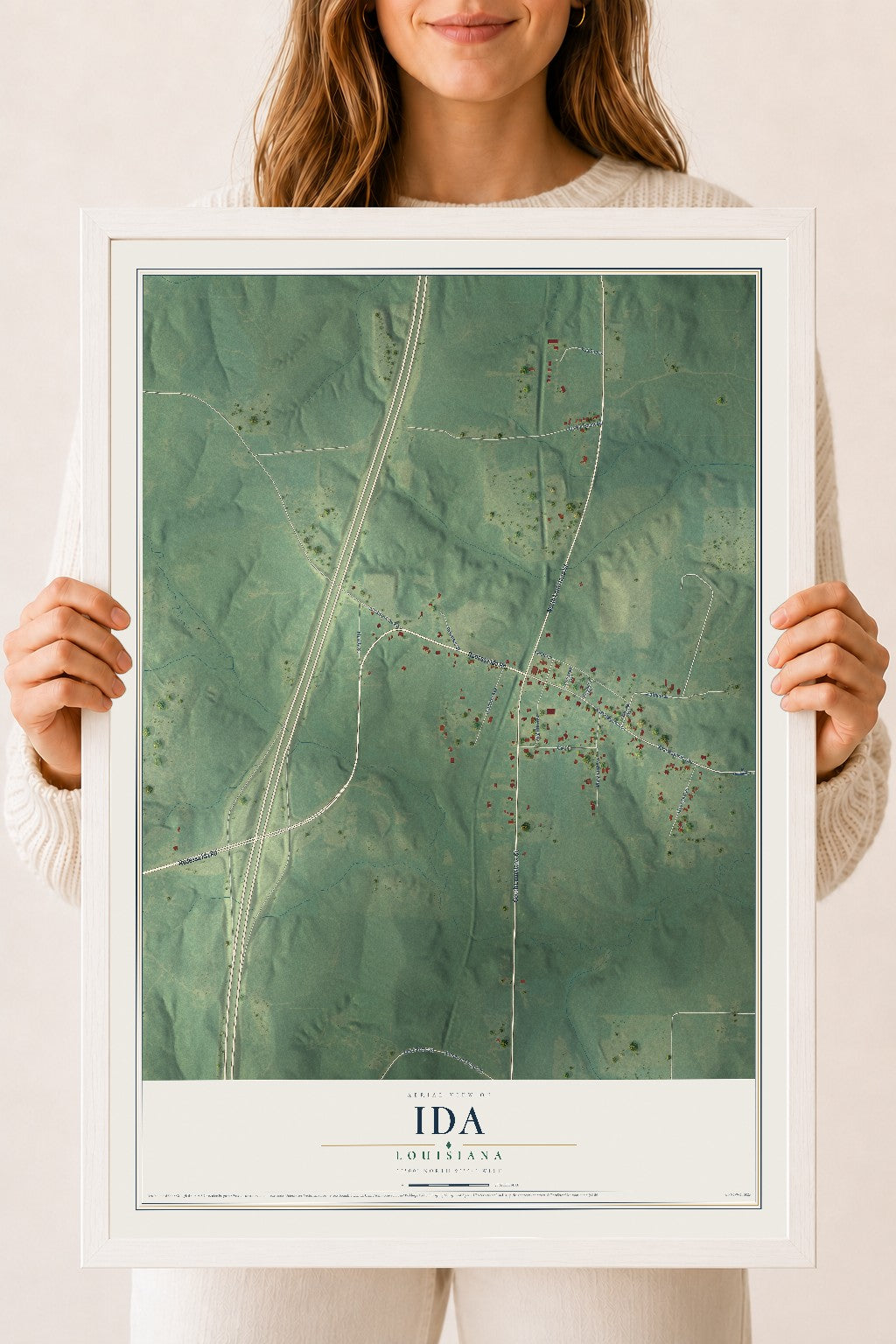 Map of Ida, Louisiana, 18 x 24 inch print in a white wood frame