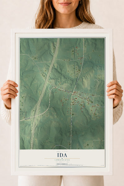 Map of Ida, Louisiana, 18 x 24 inch print in a white wood frame