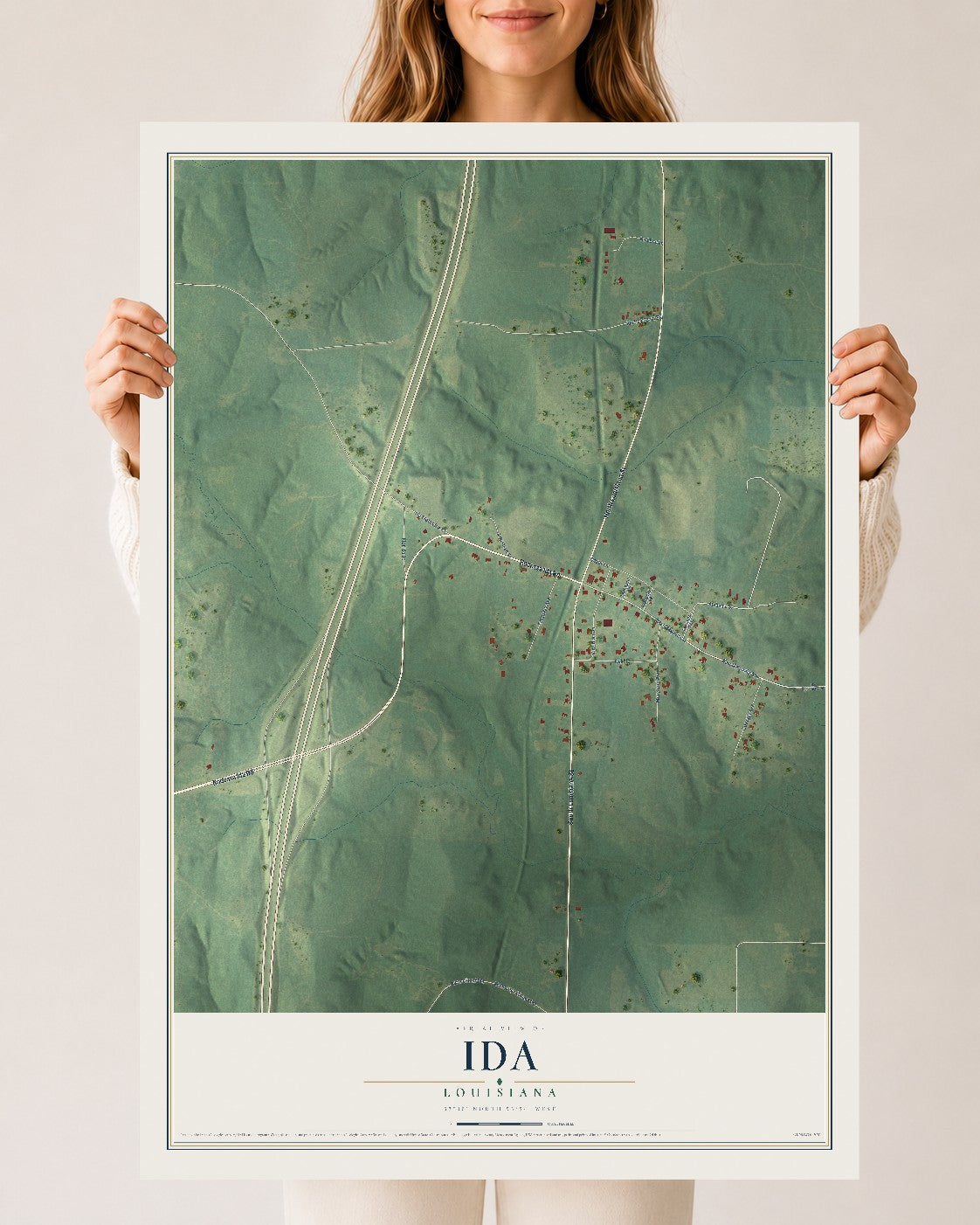 Map of Ida, Louisiana, 24 x 36 inch unframed archival matte print