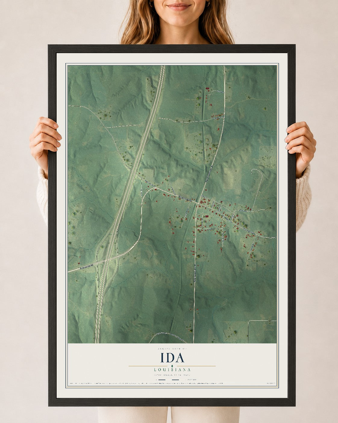 Map of Ida, Louisiana, 24 x 36 inch print in a black wood frame