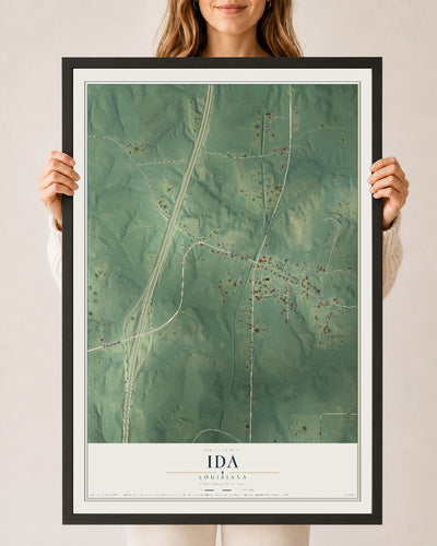 Map of Ida, Louisiana, 24 x 36 inch print in a black wood frame