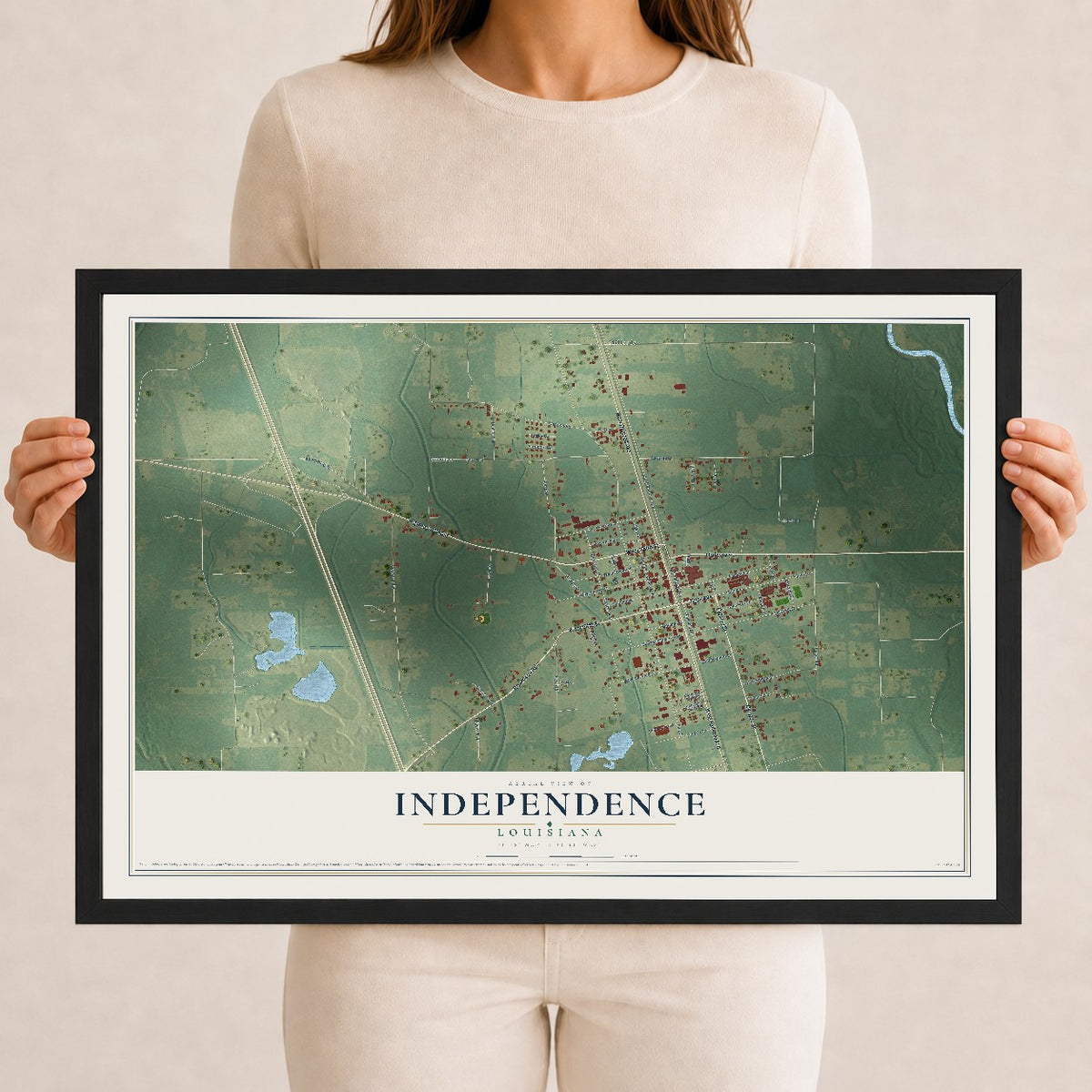 Map of Independence, Louisiana, 12 x 18 inch print in a black wood frame