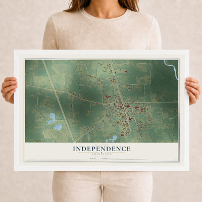 Map of Independence, Louisiana, 12 x 18 inch print in a white wood frame