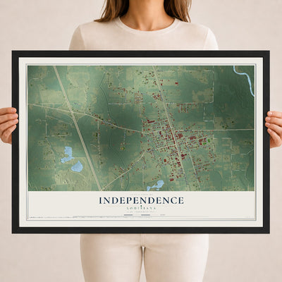 Map of Independence, Louisiana, 18 x 24 inch print in a black wood frame