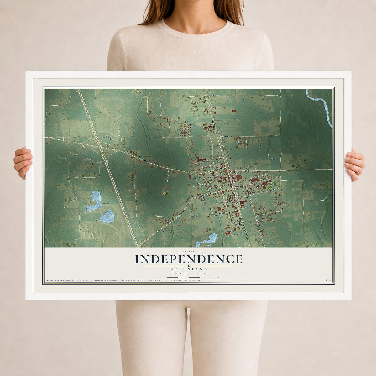 Map of Independence, Louisiana, 24 x 36 inch print in a white wood frame