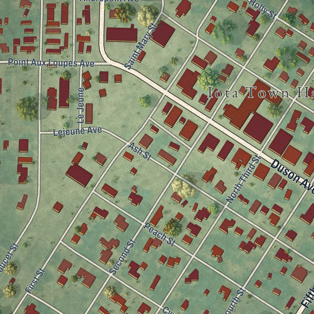 Close-up of the map of Iota, Louisiana print showing street and building detail