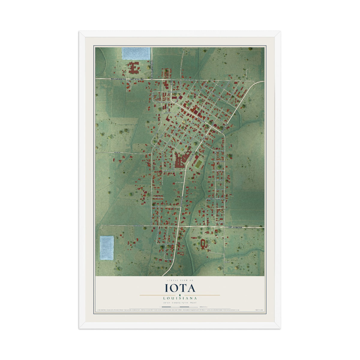 Map of Iota, Louisiana, 12 x 18 inch print in a white wood frame