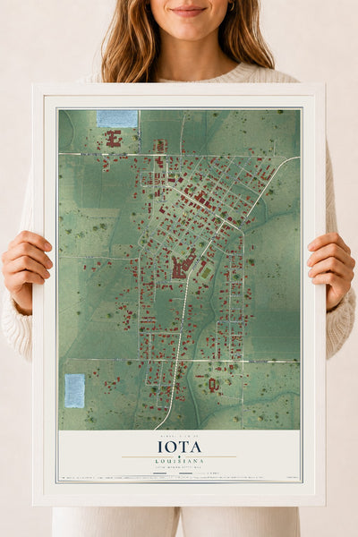 Map of Iota, Louisiana, 18 x 24 inch print in a white wood frame