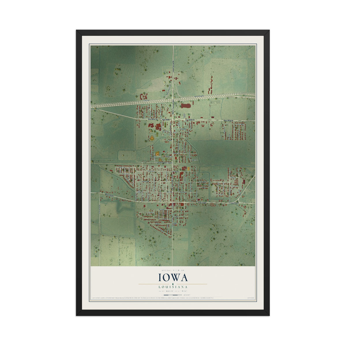 Map of Iowa, Louisiana, 12 x 18 inch print in a black wood frame