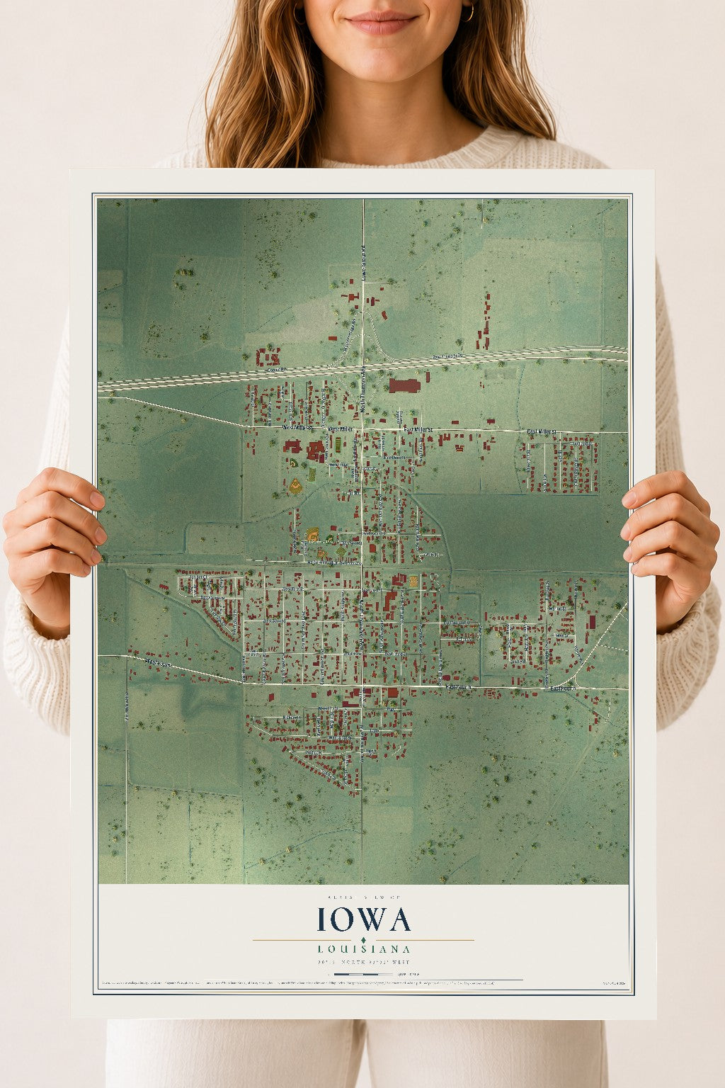 Map of Iowa, Louisiana, 18 x 24 inch unframed archival matte print