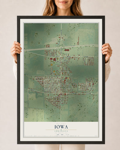 Map of Iowa, Louisiana, 24 x 36 inch print in a black wood frame
