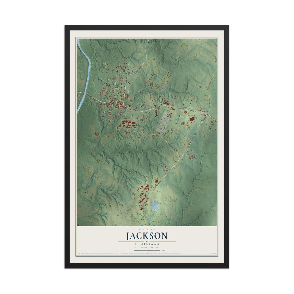 Map of Jackson, Louisiana, 12 x 18 inch print in a black wood frame