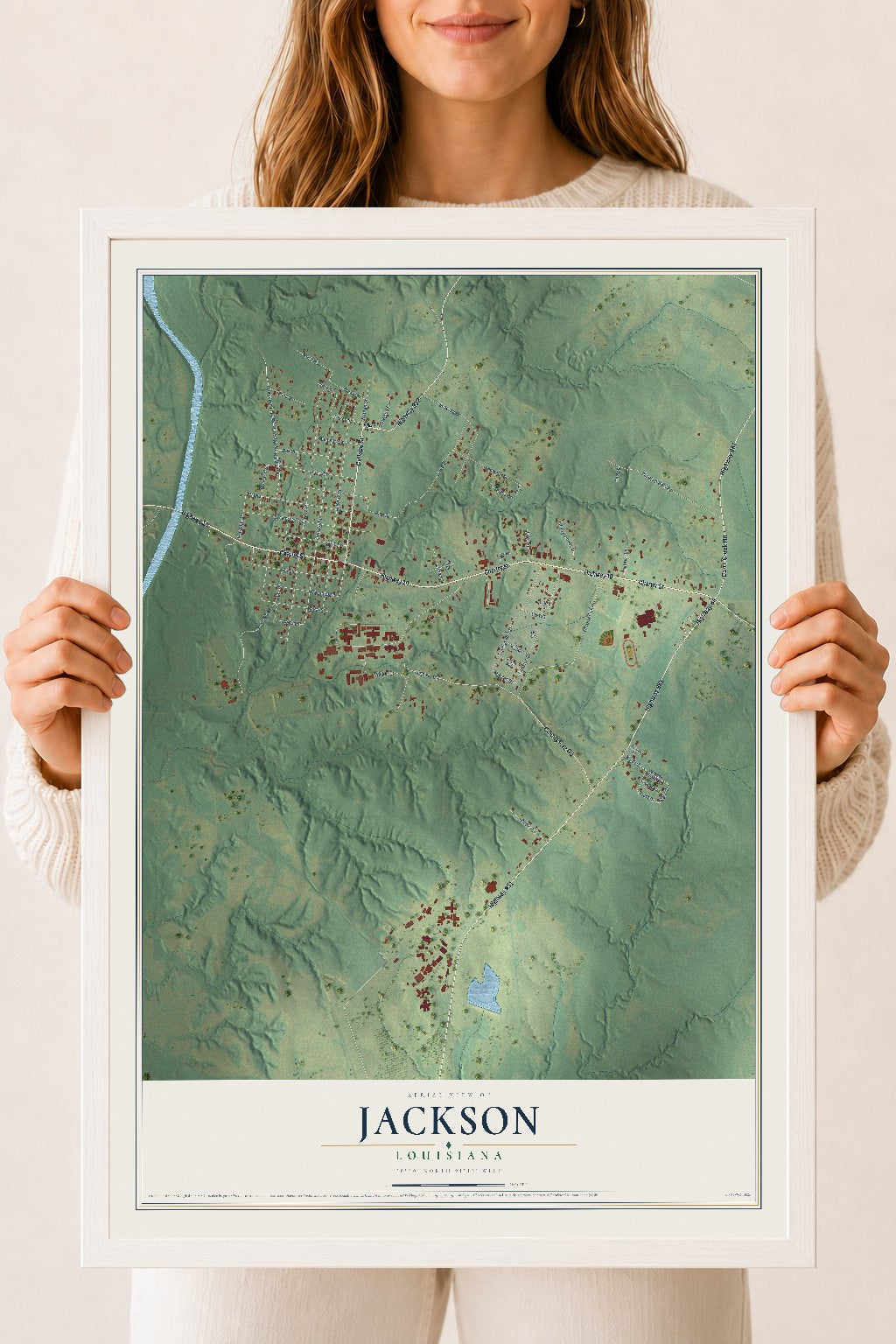 Map of Jackson, Louisiana, 18 x 24 inch print in a white wood frame