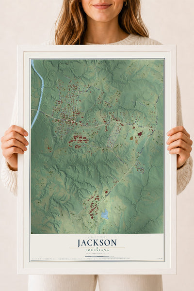 Map of Jackson, Louisiana, 18 x 24 inch print in a white wood frame