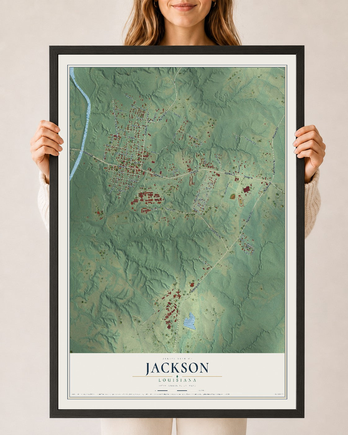 Map of Jackson, Louisiana, 24 x 36 inch print in a black wood frame
