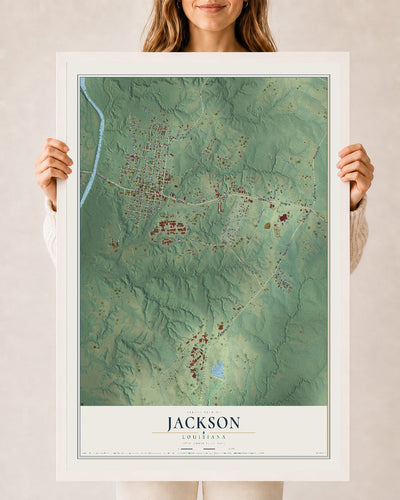 Map of Jackson, Louisiana, 24 x 36 inch print in a white wood frame