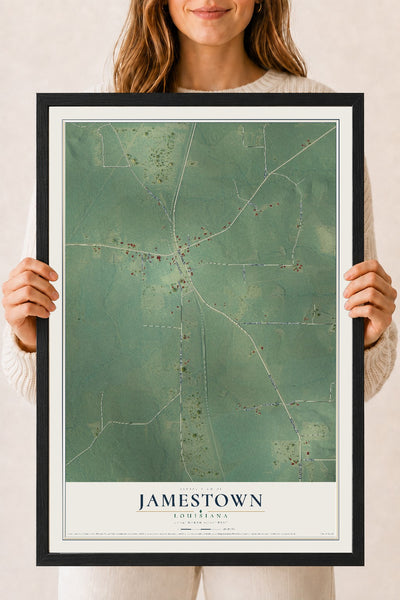 Map of Jamestown, Louisiana, 18 x 24 inch print in a black wood frame