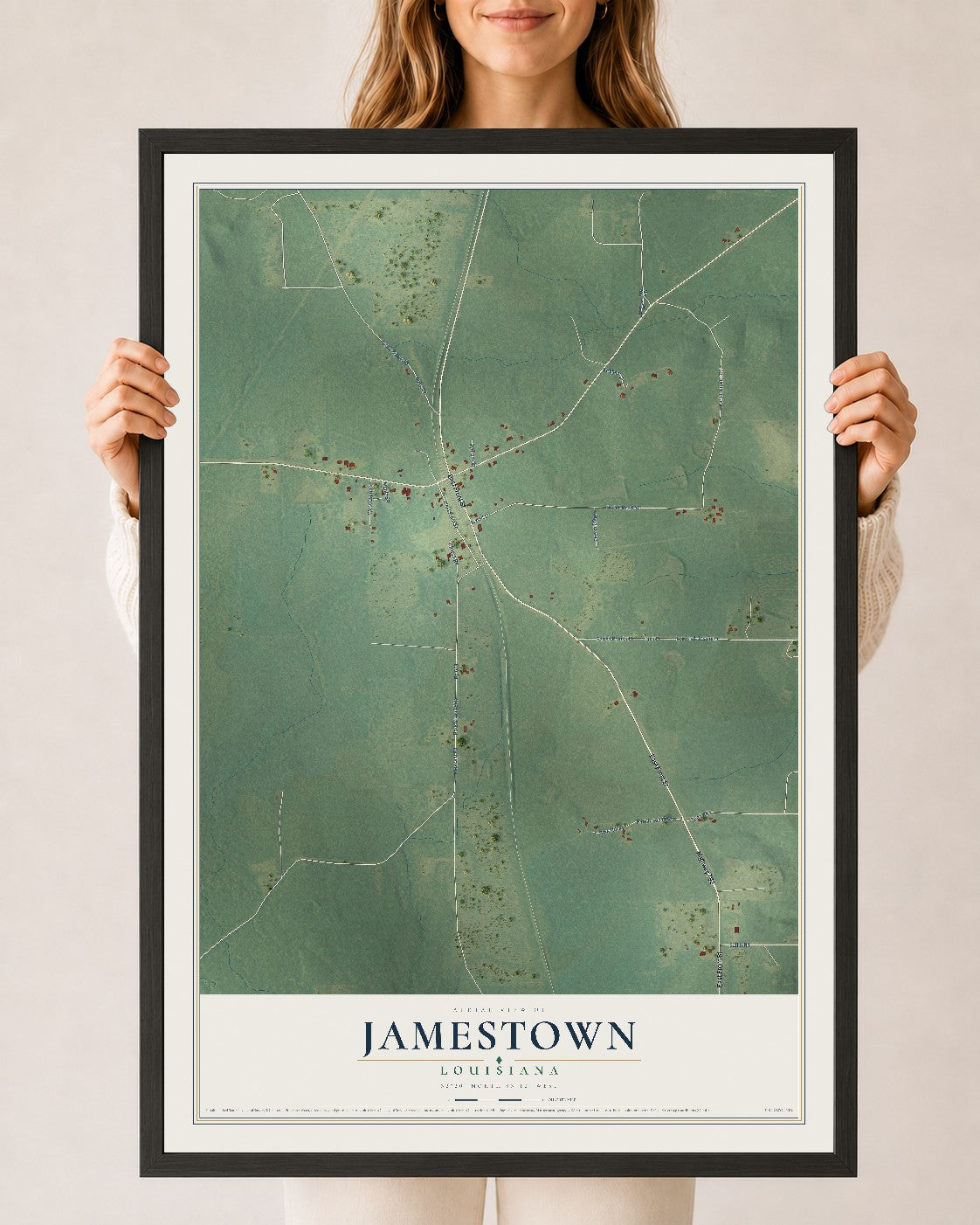 Map of Jamestown, Louisiana, 24 x 36 inch print in a black wood frame
