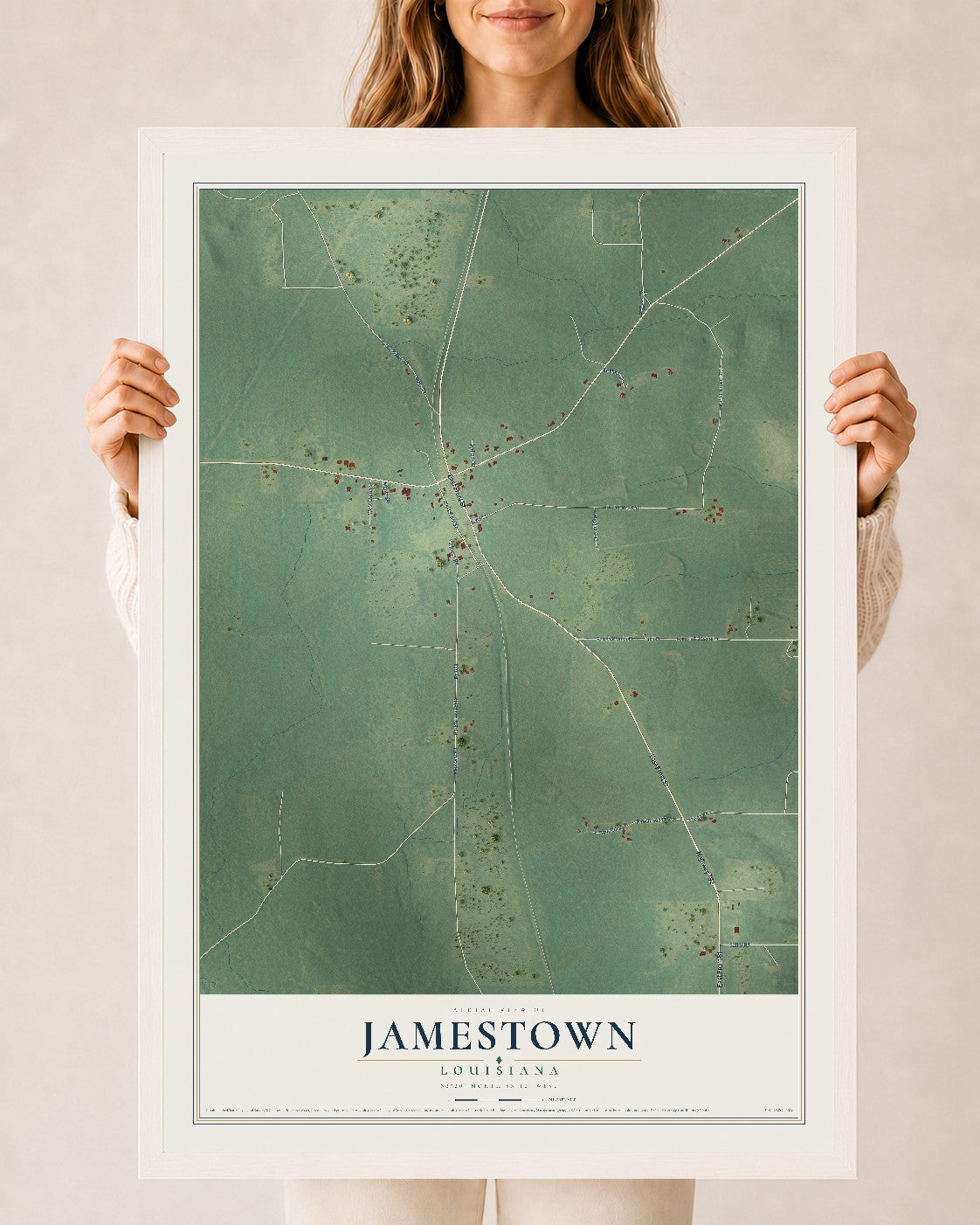 Map of Jamestown, Louisiana, 24 x 36 inch print in a white wood frame