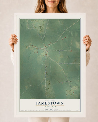 Map of Jamestown, Louisiana, 24 x 36 inch print in a white wood frame