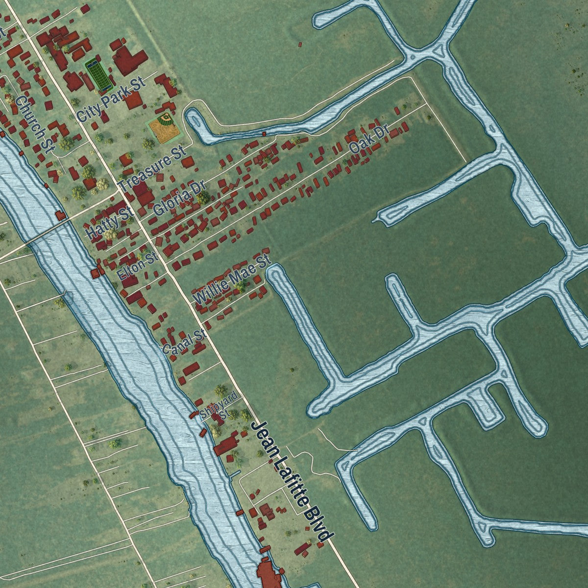 Close-up of the map of Jean Lafitte, Louisiana print showing street and building detail