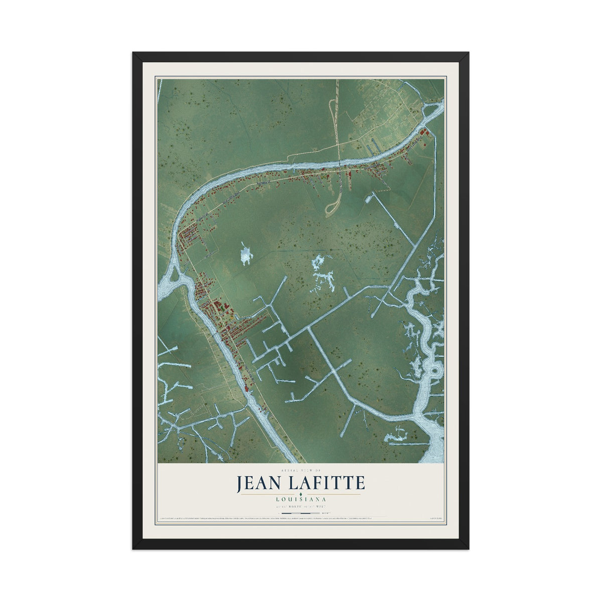 Map of Jean Lafitte, Louisiana, 12 x 18 inch print in a black wood frame