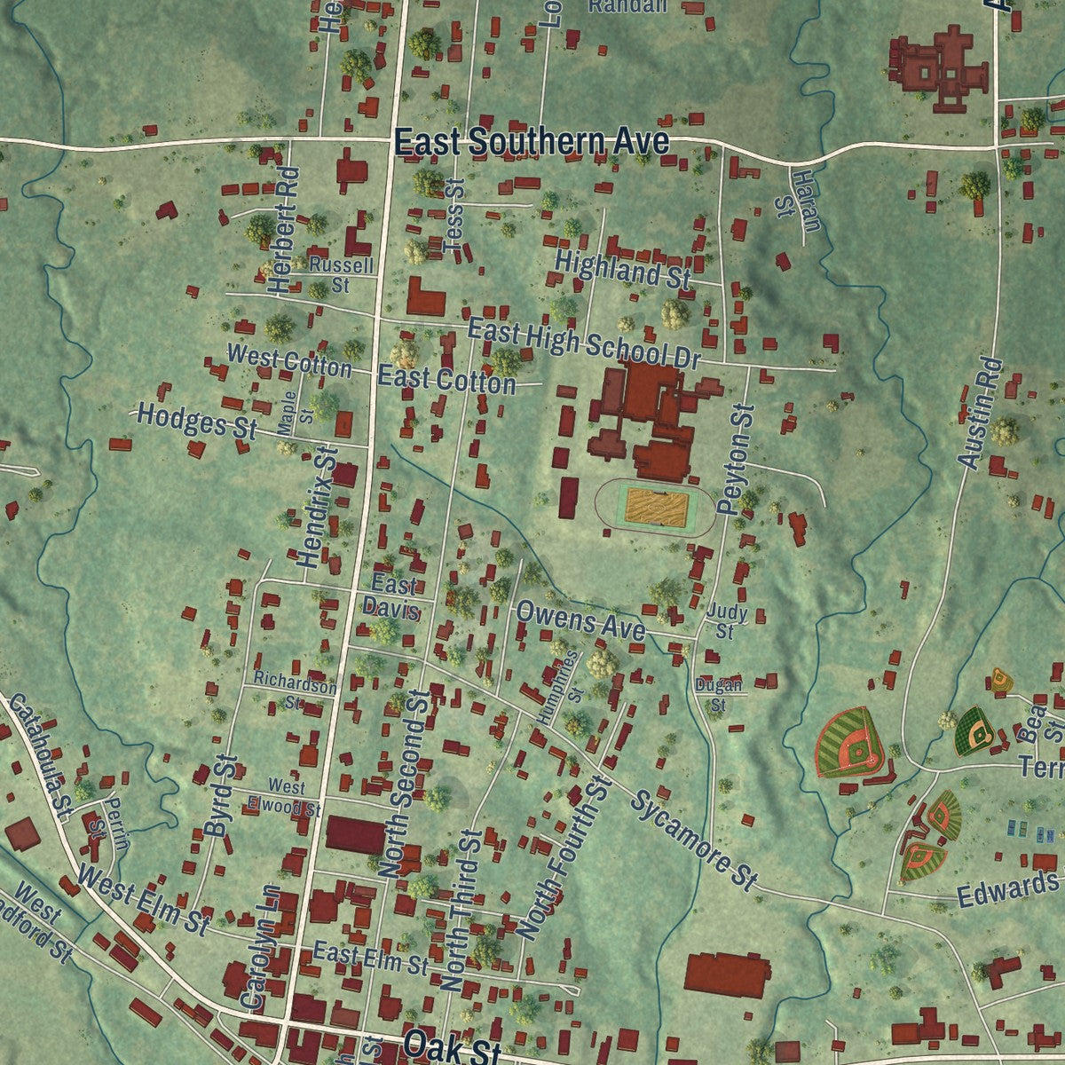 Close-up of the map of Jena, Louisiana print showing street and building detail