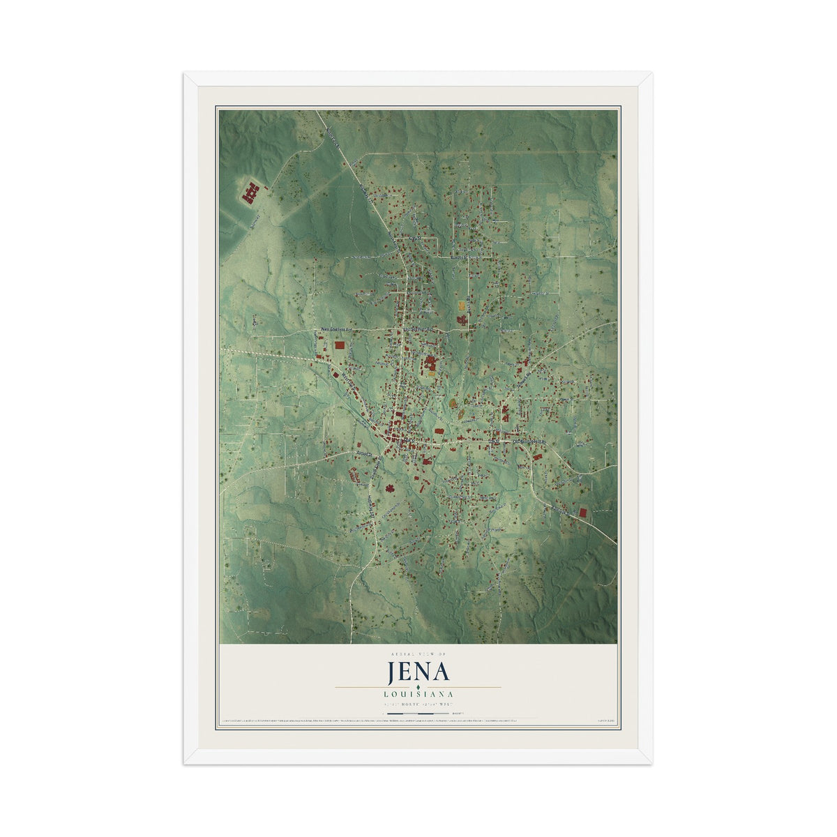 Map of Jena, Louisiana, 12 x 18 inch print in a white wood frame
