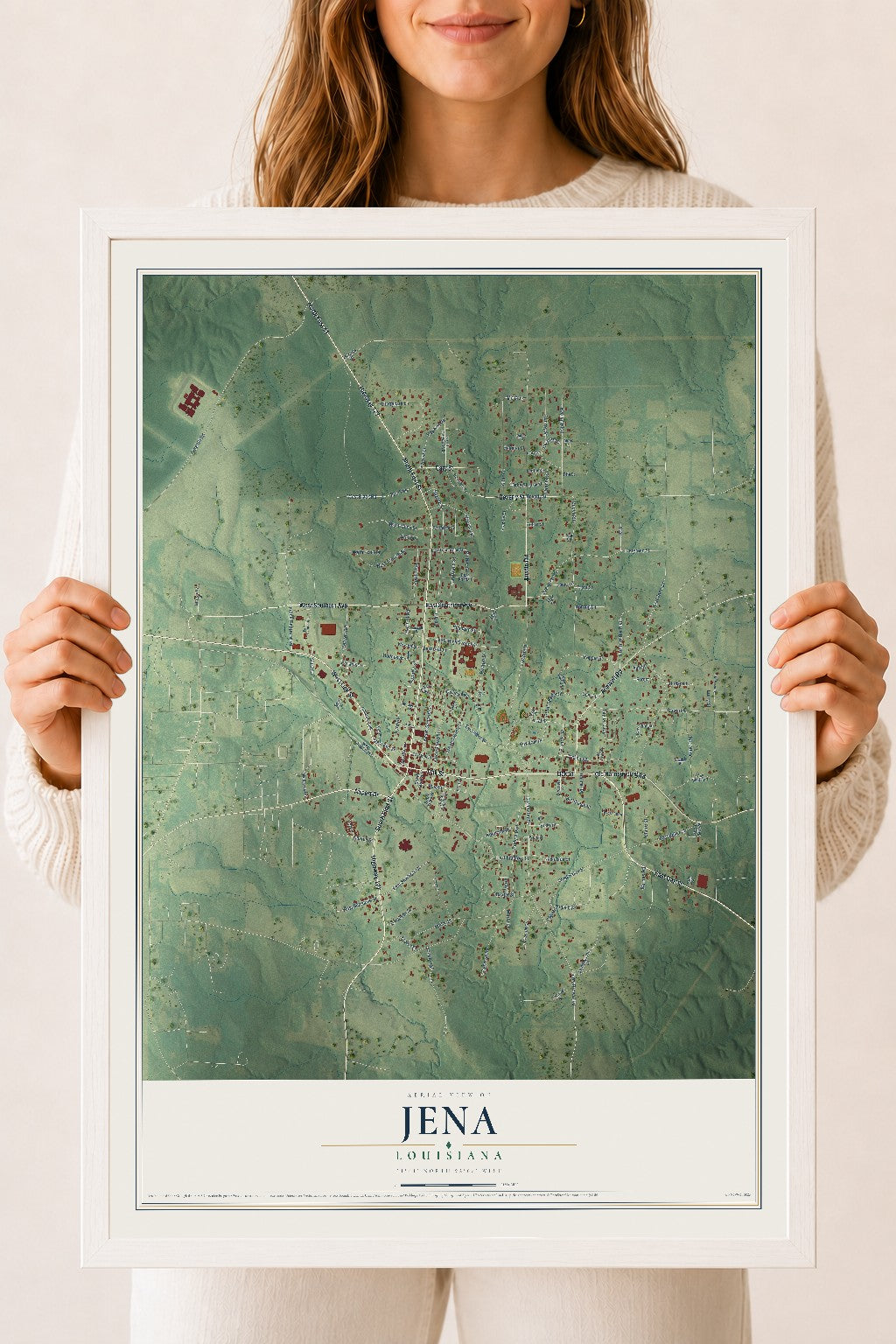 Map of Jena, Louisiana, 18 x 24 inch print in a white wood frame