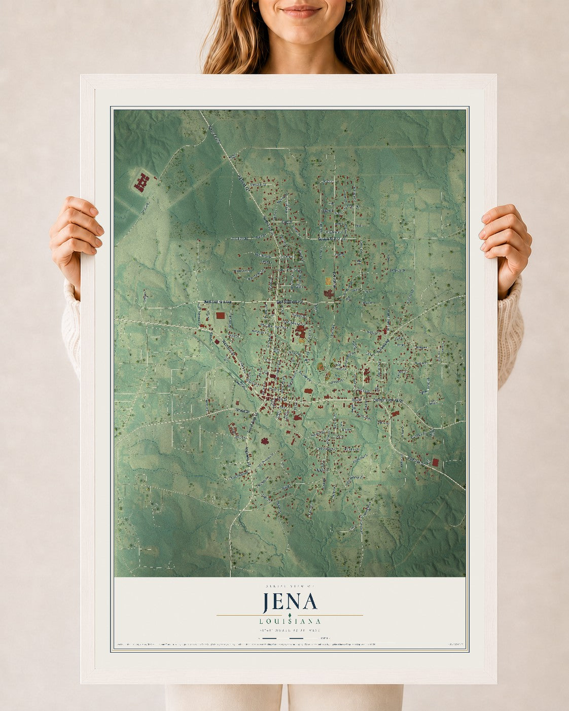 Map of Jena, Louisiana, 24 x 36 inch print in a white wood frame