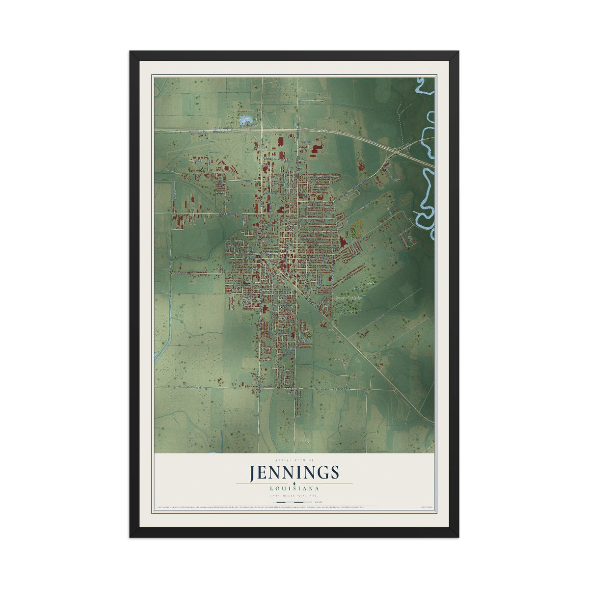 Map of Jennings, Louisiana, 12 x 18 inch print in a black wood frame