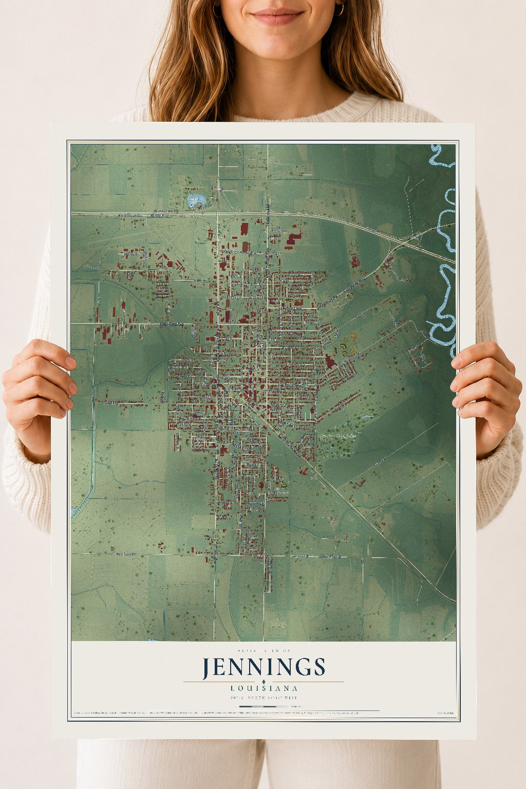 Map of Jennings, Louisiana, 18 x 24 inch unframed archival matte print