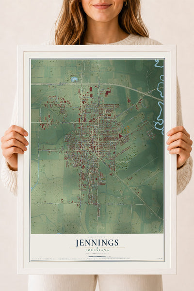 Map of Jennings, Louisiana, 18 x 24 inch print in a white wood frame