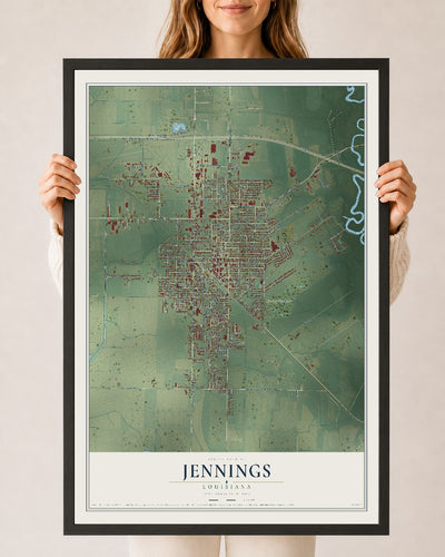 Map of Jennings, Louisiana, 24 x 36 inch print in a black wood frame