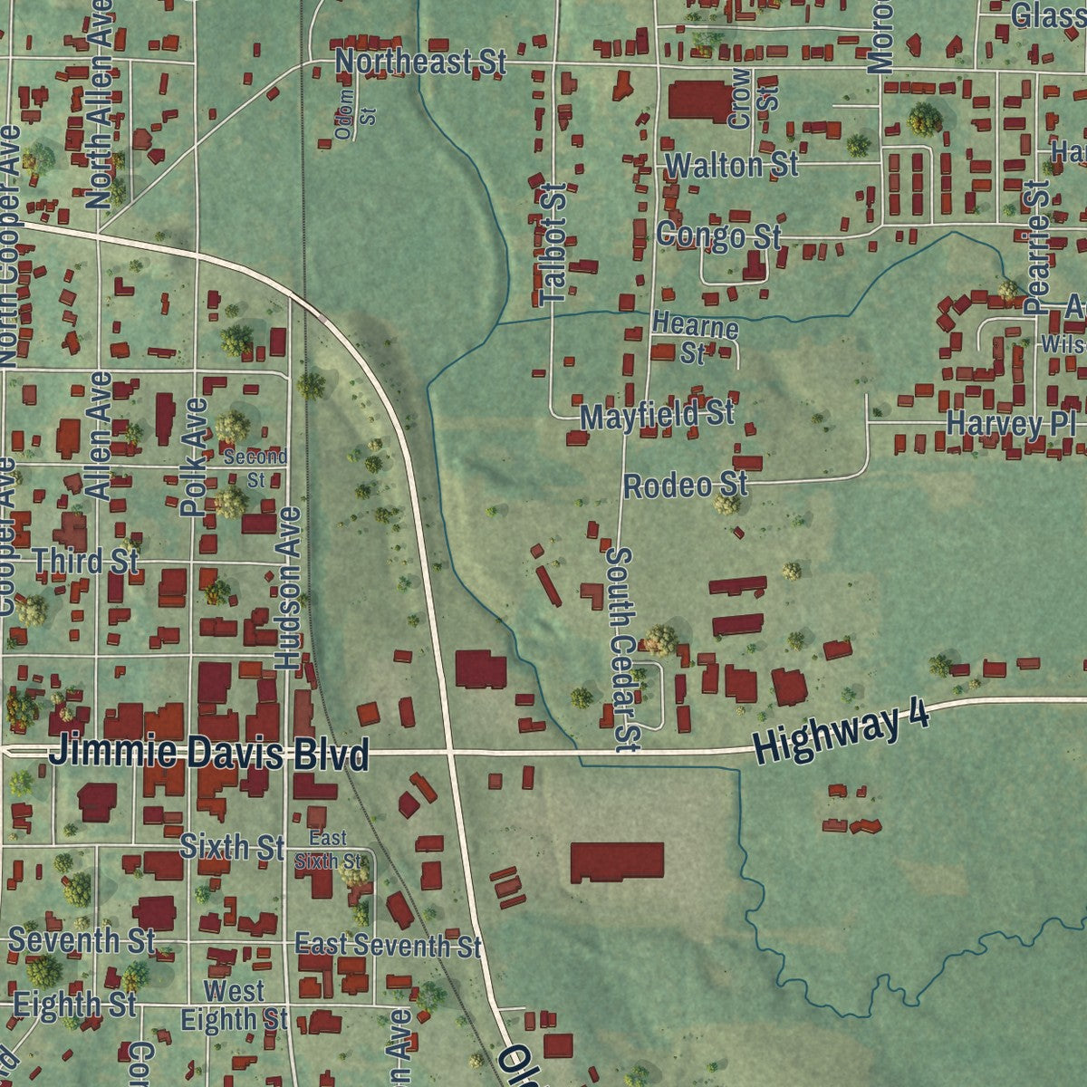 Close-up of the map of Jonesboro, Louisiana print showing street and building detail