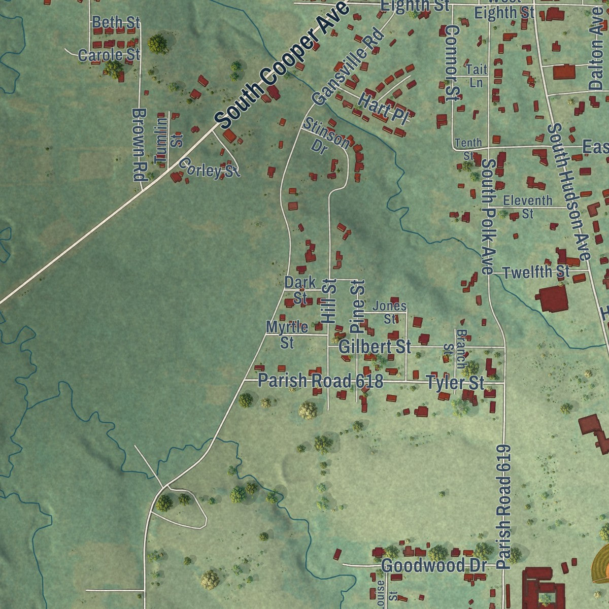 Second close-up of the map of Jonesboro, Louisiana print showing more streets and buildings