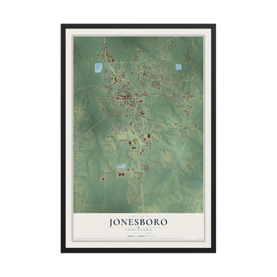 Map of Jonesboro, Louisiana, 12 x 18 inch print in a black wood frame