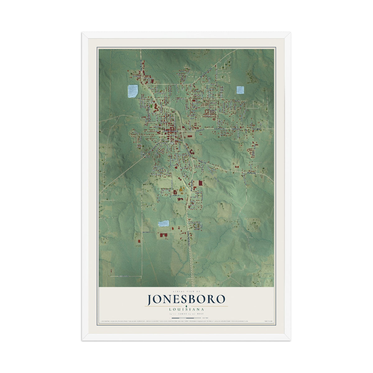 Map of Jonesboro, Louisiana, 12 x 18 inch print in a white wood frame