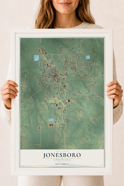 Map of Jonesboro, Louisiana, 18 x 24 inch print in a white wood frame