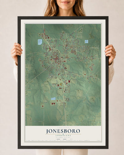 Map of Jonesboro, Louisiana, 24 x 36 inch print in a black wood frame